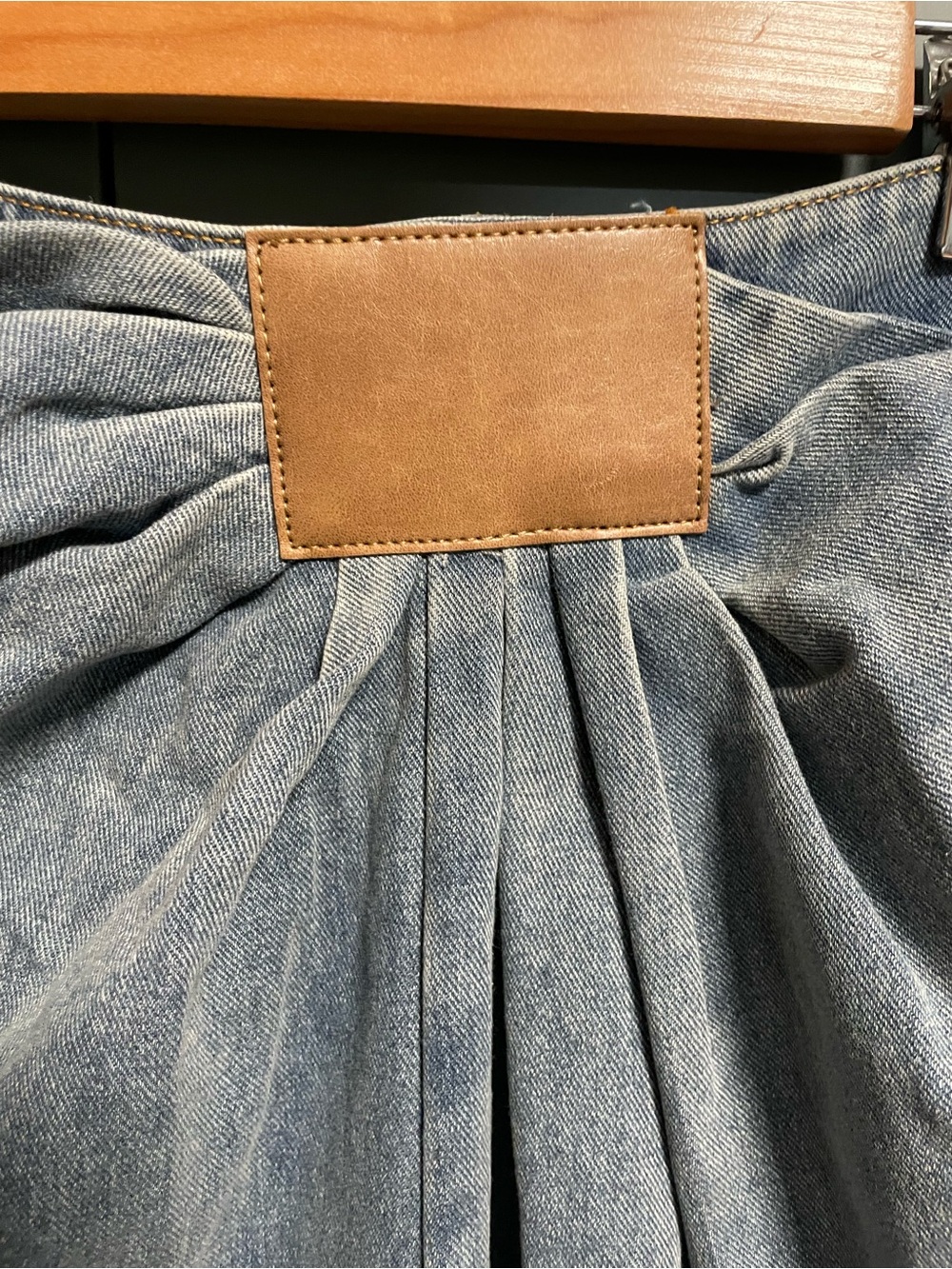 Commense Asymmetrical Ruched Denim Wide-Leg Pants